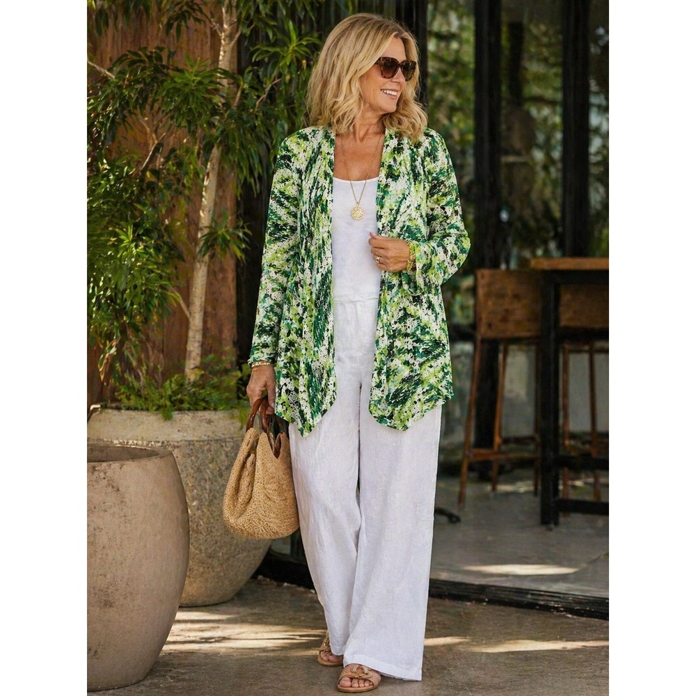 Ruby Rd Woman Cardigan Womens 2X Green White Open‎ Front Lace Knit Shrug